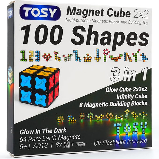 TOSY Magnet Cube 2x2 - 8 Blocks, 2in1 Toy: 2x2x2 Puzzle Cube and Customizable Infinity Cube, Glowing, Christmas Stocking Stuffers Gift for Kids/Grandkids, UV Flashlight, Sensory/STEM Toy