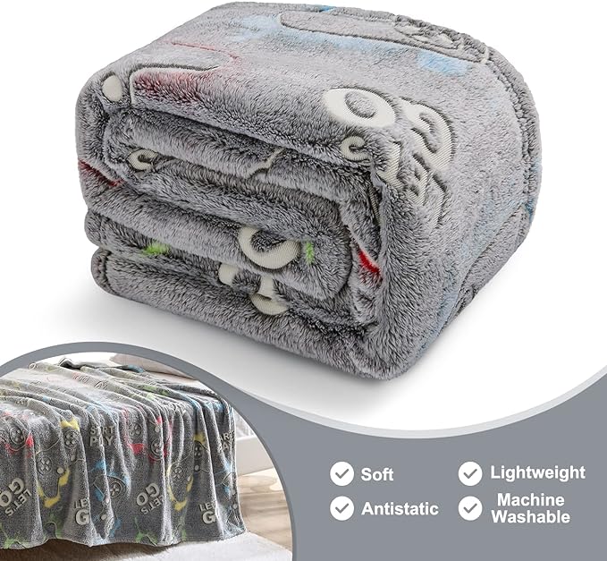 Jekeno Glow in The Dark Gaming Blanket Gamer Game Controller Throw Gift Toys for Kids Boys Teen Son Adults Gamepad Presents Easter Birthday Christmas Bedroom Decor Luminous Blanket Grey 50"x60"