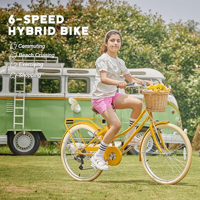 Glerc 20 24 26 Inch Beach Cruiser Bike, 6-Speed Hybrid City Bicycle for Girls Youth and Over 6 Years Old, Missy Bike with Wicker Basket & Lightweight, Multiple Colors