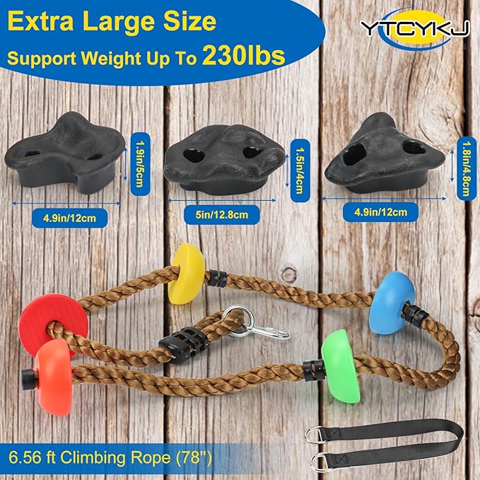 12 Rock Climbing Holds for Kids Climber,6.56FT Climbing Rope Swing and 6 Sturdy Ratchets Straps for Kids Tree Climbing,Tree Climbing Kits for Outdoor Obstacle Training,Black