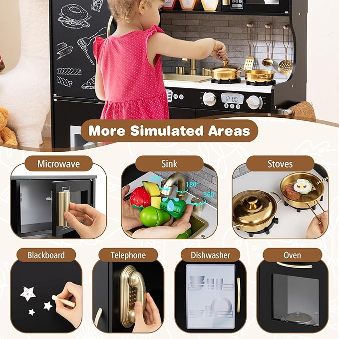 Costzon Kids Kitchen Playset, Wooden Pretend Cooking Toy Set w/Real Sound, Large Blackboard, Telephone, Microwave, Ice Maker, Dishwasher, Oven, Storage Space, Play Kitchen for Kids Ages 3+ (Black)