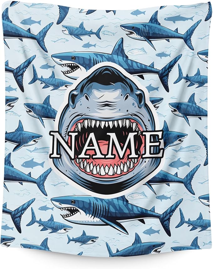 Custom Blanket for Kids Teens Boys Custom Shark Themed Stuff Throws Gifts, Personalized Plush Comfort Cozy 4 Sizes Throw for Sofa Couch Bed Office Travel Party Decor