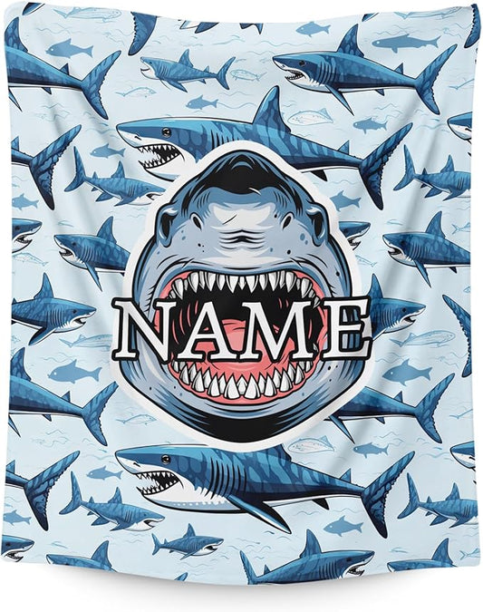 Custom Blanket for Kids Teens Boys Custom Shark Themed Stuff Throws Gifts, Personalized Plush Comfort Cozy 4 Sizes Throw for Sofa Couch Bed Office Travel Party Decor