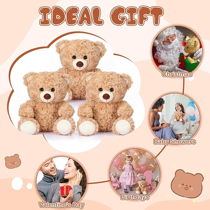 16 Pieces 8 Inch Bear Stuffed Animal Bulk for Birthday Baby Shower Soft Stuffed Bear Plush Toys Party Favors Animal Decorations for Christmas Party Gifts Supplies
