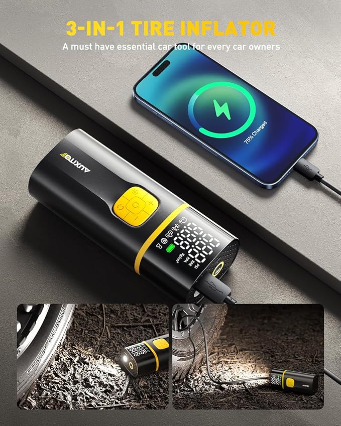 AUXITO A502 Tire Inflator Portable Air Compressor - 150PSI Dual Cylinder 7800 mAh & 12V DC, Bike Pump Air Pump for Car, Truck, Bike, Motorcycle with Digital Tire Pressure Gauge, Car Gifts for Men