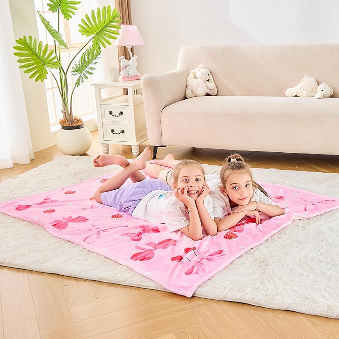 Wajade Strawberry Bow Gifts for Boys Girls - Strawberry Bow Blanket Birthday Christmas Decor for Kids Age 3 4 5 6 7 8 9 10 11 12 Years Old Teens Child Toddler Throw Light Grey 60"x80"