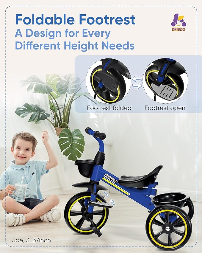 KRIDDO 2-in-1 Toddler Tricycle for Ages 18 Months to 5 Years Old - Extended Push Handle for Effortless Push, Gift Trike for Toddler 3 to 5 Year, Kids Tricycle with Foldable Front Footrest, Blue
