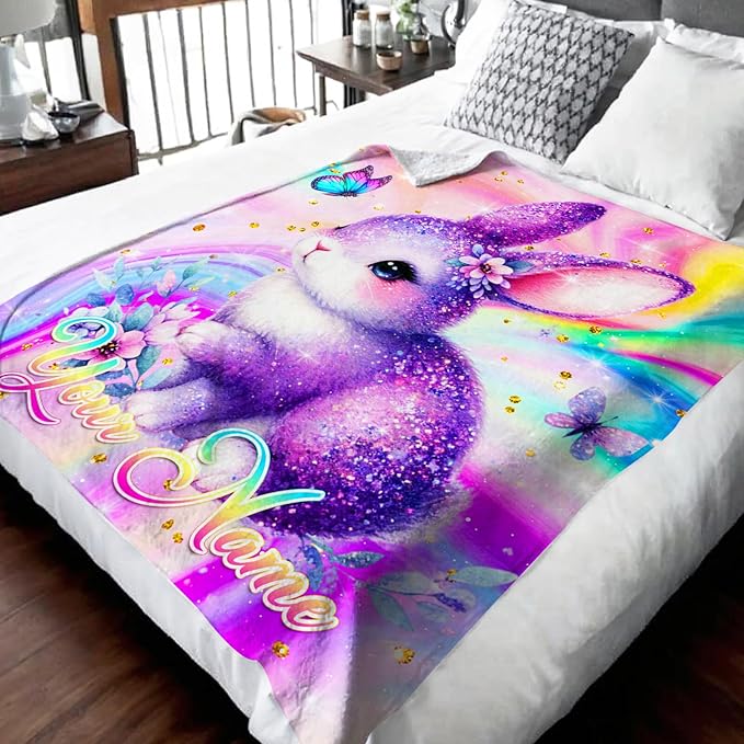 Personalized Blanket for Girls, Bunny Throw Blanket Gift for Kids Teens Adults, Custom 50"x40" Soft Cozy Blankets for Couch Sofa Bed Travel Bedroom Decor