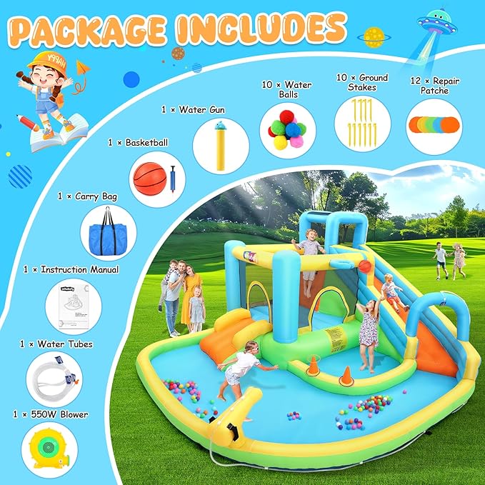 Whubefy 12.8x12ft Inflatable Bounce House for Big Kids, 13 in 1 Bouncy House Jump Castle for Kids 3-6 Indoor Outdoor Wet Dry Water Bounce House Double Slide with Pool, Ball Pit, Ring Toss Cones,5 Toys