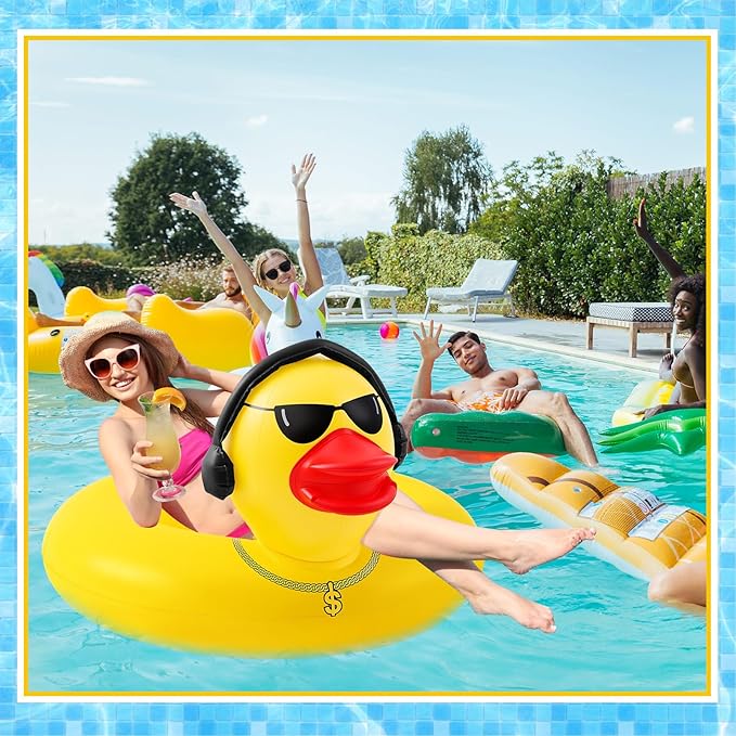 Hungdao 2 Pcs Funny Duck Pool Floats Large 39.4'' Rubber Ducks Floatie Inflatable Tube Swim Ring Giant for Summer Beach Swimming Pool Carnival Birthday Party Floaty Supplies Adults(Earphone)