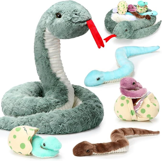 Leitee Giant Snake Stuffed Animal 63 Inch Large Mommy with 4 Babies & 2 Eggs Realistic Stuffed Snake Plush Toys for Kids Christmas Halloween Party Favors Prank Props Gifts(Vivid Style)