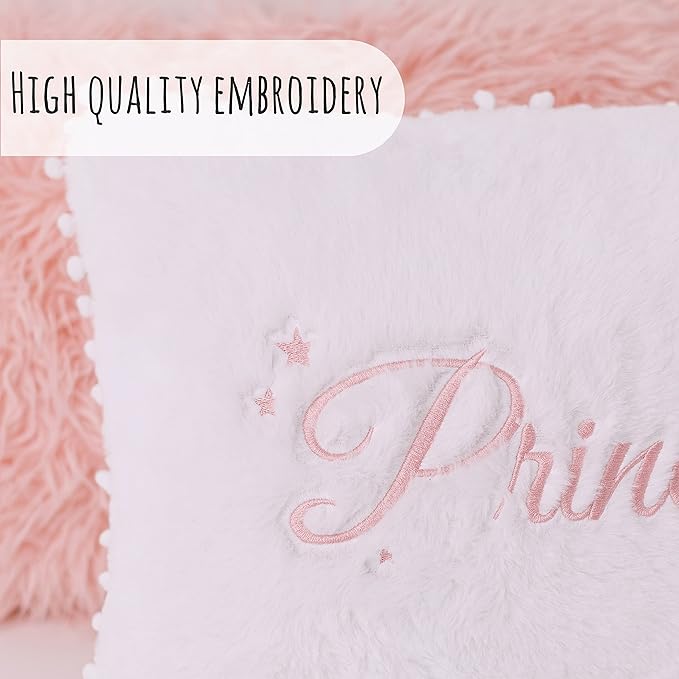 Perfectto Design Set of 2 Decorative Pillows for Toddler Kids Room. White Fluffy Princess Embroidered and Furry Pink Faux Fur Pillow. Soft and Plush Throw Pillows for Kid’s Bedroom Décor