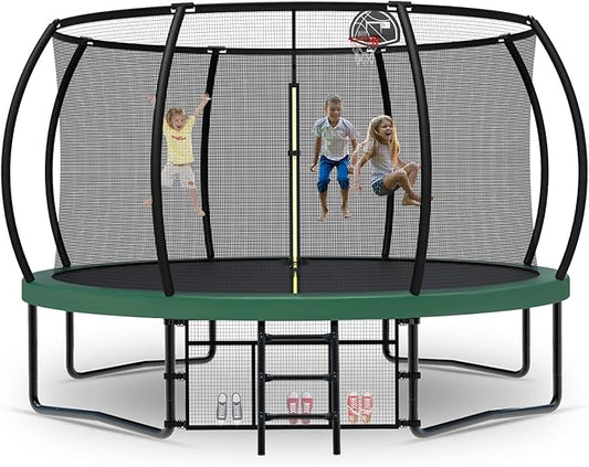 Tatub Large Trampolines Outdoor 10 12 14 15 16FT for Kids and Adults,Outdoor Recreational Pumpkin Trampolines with Curved Poles and Safety Enclosure Net, Basketball Hoop, Ladder