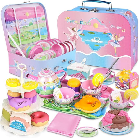 Tea Set for Little Girls,PRE-WORLD 50PCS Princess Tea Party Time Toy Including Dessert,Cookies,Doughnut,Teapot Tray Cake, Tablecloth & Carrying Case,Kids Kitchen Pretend Play for Girls Boys Age 3-6