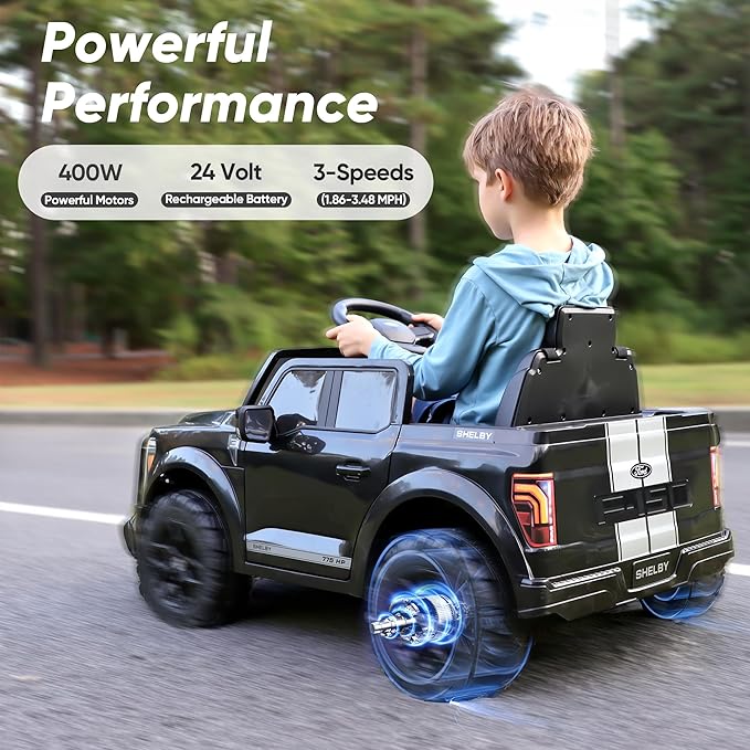 Licensed Ford Shelby F-150 24V Ride on Toy for Kids, Electric Car w/Remote Control, 400W Motors - Black