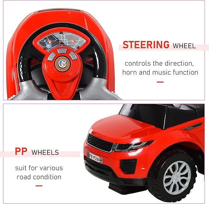 Aosom 2 in 1 Push Cars for Toddlers Kid Ride on Push Car Stroller Sliding Car with Horn Music Light Function Secure Bar Ride on Toy for Boy Girl 1-3 Years Old Red