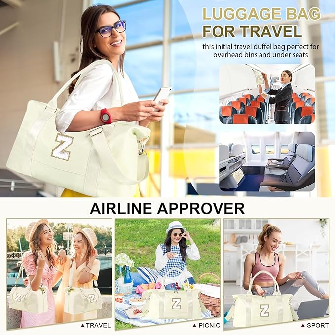 Dance Gym Duffel Bag for Teen Girls, Personalized Initial Travel Weekender Bag,Cute Overnight Carry On Duffle for Women,Sports Travel Cheer Bag,Monogram Christmas Gifts for Tween Preppy(beige-Z)