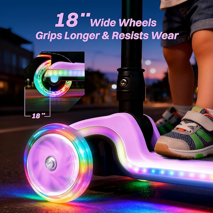 ZIFFY 3-Wheel Light-Up Toddler Scooter for Kids 3-8, Kids Scooter for Boys Girls with 20 Dynamic LED Lights, 4 Adjustable Height Balance Kick Scooter 110LBS, Lean-to-Steer Anti-Slip Wide Deck by JOVA
