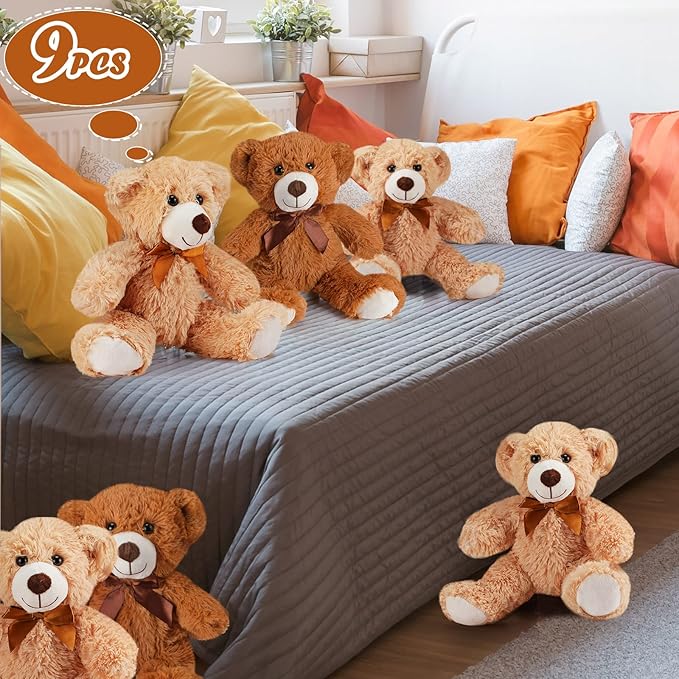 HyDren 9 Pcs 14 Inch Stuffed Animals Bears Bulk Soft Animal Plush Toys Bears Cute Dolls Gift for Valentine Wedding Mom Christmas Baby Shower Birthday Gift Home Decor(Dark Brown, Light Brown)