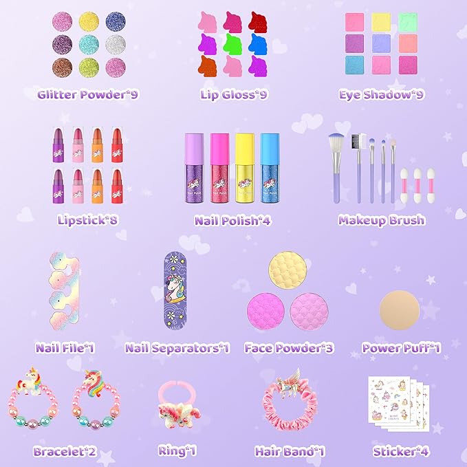 PERRYHOME Kids Makeup Set for Girls, 63 Pcs Washable Non-Toxic Real Cosmetic Toddler Makeup Kit, Unicorn Princess Play Makeup Toys Birthday Gifts, Dress up Time Girl Toys for 3 4 5 6 7 8 9 10 11 12