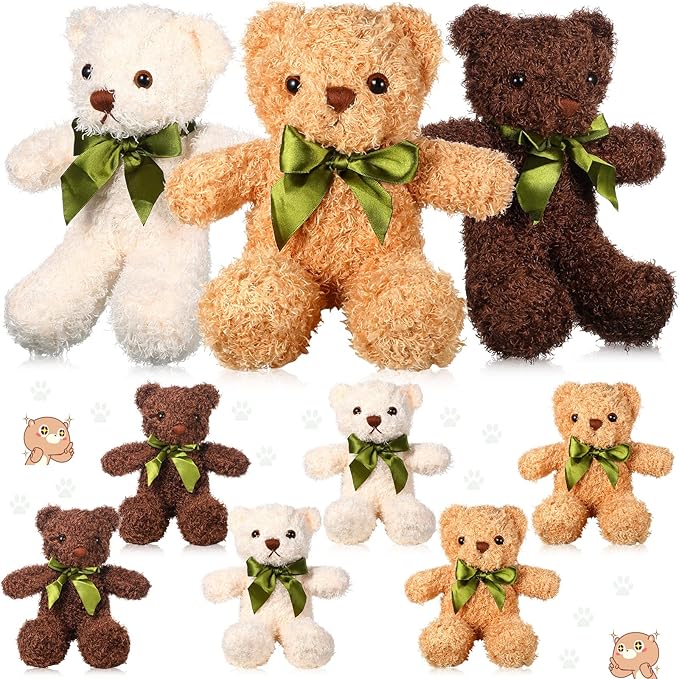 9 Pieces Cute Bear Stuffed Animals 10 Inch Soft Plush Stuffed Bears Toy Valentine‘s Day Gift Bulk with Bow Tie Kids Boys Girls Graduation Baby Shower Birthday Party Gift(Dark Brown, Golden, White)