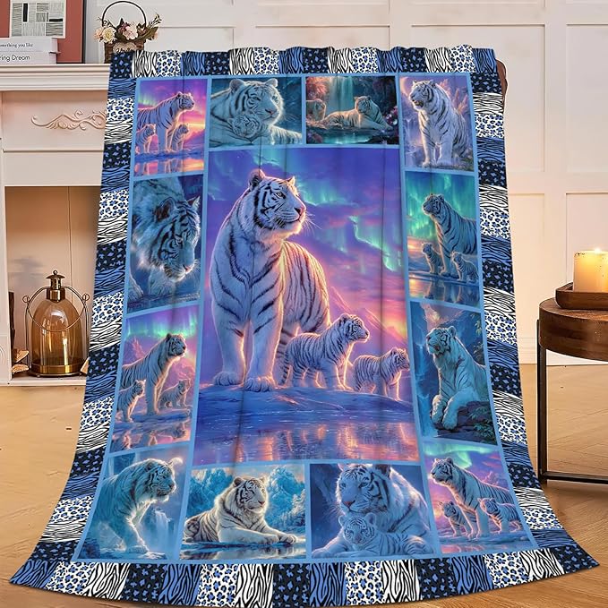 White Tiger Throw Blanket White Tiger Stuff Gifts for Kids Girls Boys Adults Women Men Soft Cozy Warm Plush Fluffy Fuzzy Fleece Blanket Decor 50''X60''