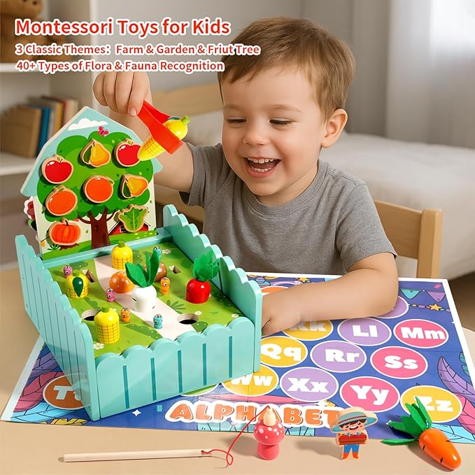 Montessori Toys for 2 3 4 5 Year Old Boys & Girls, Wooden Farm Sensory Toddler Toy,Preschool Learning Educational Activities Toys Fine Motor Skills Development, Ideal Birthday Gift Kids