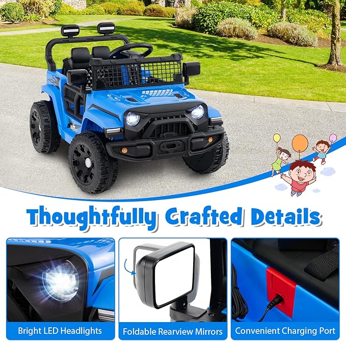 Costzon Kids Ride on Car Truck, 12V Electric Vehicle w/Foldable Mirrors, 3 Speeds, LED Lights, Music & Horn, Ride on Toys Remote Control Car for Toddlers, Boys & Girls (Blue,34" × 23" × 21")