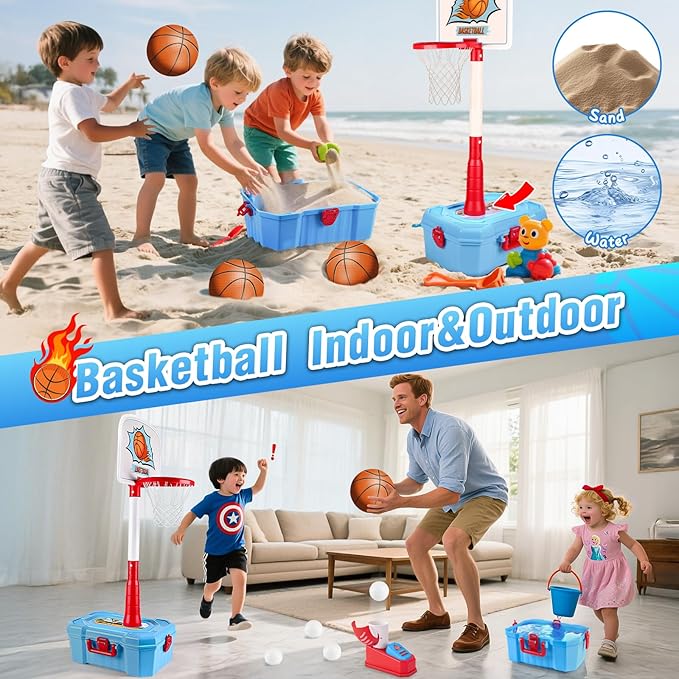 4-in-1 Toddler Basketball Hoop & Tee Ball Set,Adjustable Height Kids Basketball Hoop with Automatic Pitch -Kids Outdoor Sport Birthday Christmas Toys Gifts for Boys Girls