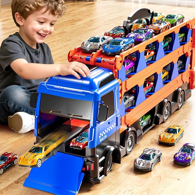 Cars Truck Set Transport Toy for Kids, Race Track Set with 12 Die-Cast Cars, Trucks Playset, 2-Tier Launching Tracks, Carrier Toy for Boys Girls Birthday Gifts for Boys Ages 1-3 2-4 3-5 4-7