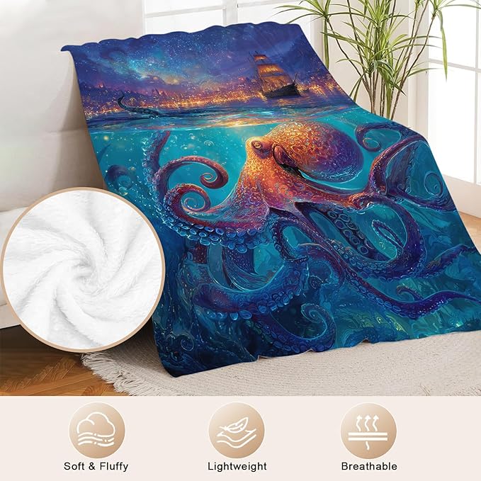 Octopus Blanket Gifts for Women, Ocean Nautical Fleece Blanket Gifts for Boys Girls, Warm Cozy Soft Flannel Throw Stuff for Bed Sofa Couch 60" x 50"