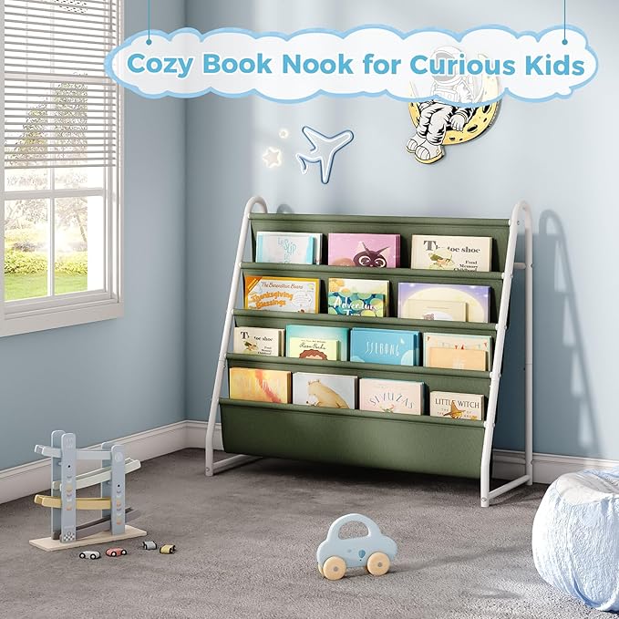 Tatub 4 Tier Kids Bookshelf for Kids Rooms, Metal Children Book Rack Montessori Bookshelf, Toddler Sling Bookrack Display for Nursery, Green