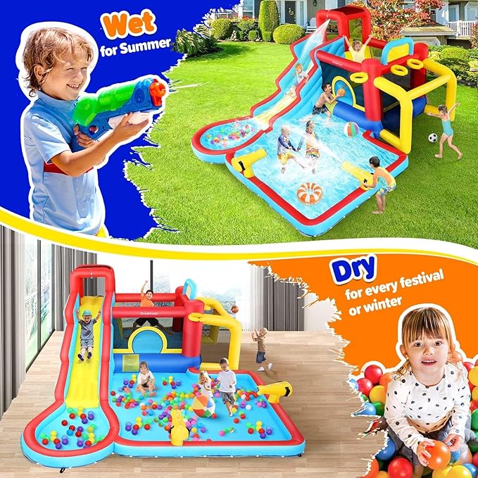 AKEYDIY Inflatable Water Slide Bounce House 13 in 1 Waterfall Waves Mega Water Slides Park |Large Water Bounce House,Splash &Blast Bouncer,Ball Toss,Soccer Gate,Water Inflatables for Kids Backyard