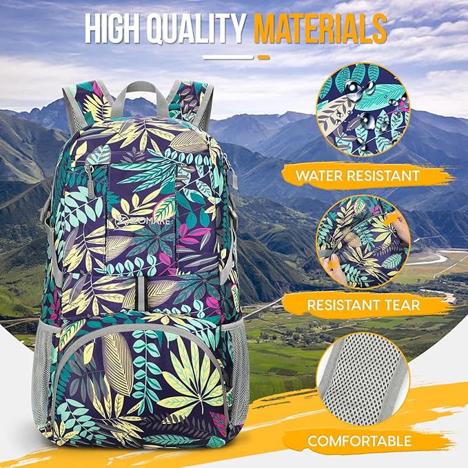 ZOMAKE Lightweight Packable Backpack 35L, Light Foldable Backpacks Water Resistant Collapsible Hiking Bag, Compact Folding Day Pack for Travel Camping(Mixed Color-Leaves)