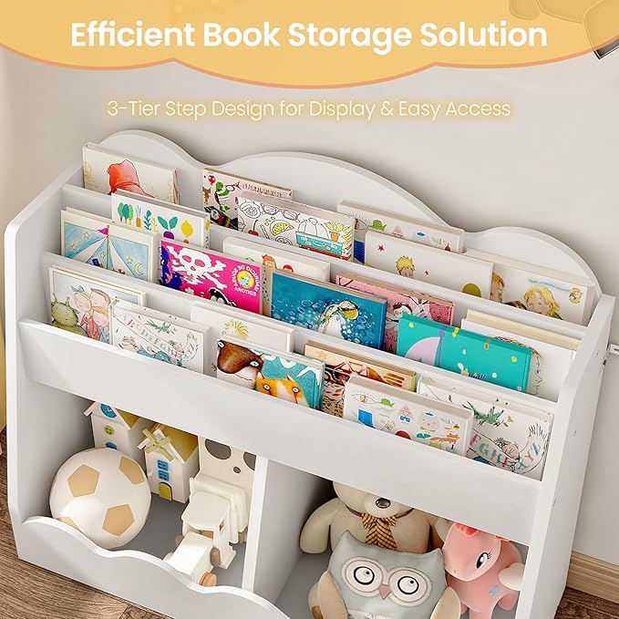 Kids Bookshelf and Toy Storage, Children's Bookcase with 2 Toy Cubes, Toddler Book Shelf for Kids Room, Wooden Book Organizer, for Playroom, Nursery, Living Room, White MCW15WB