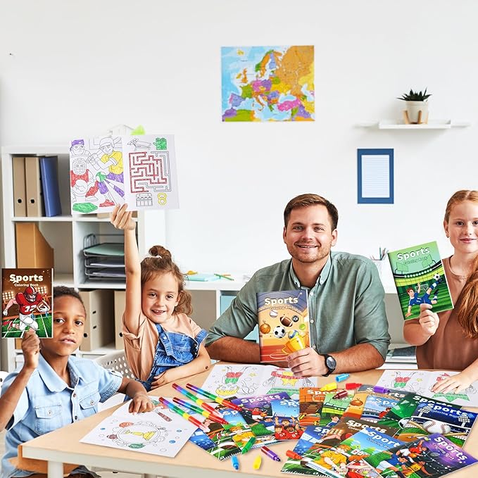 BenLouis 12 Sports Mini Coloring Books Kids with 12 Stacking Crayons Sports Themed Party Favors Small Activity Books Bulk for Kids Sports Birthday Party Gift Goodie Bag Stuffers