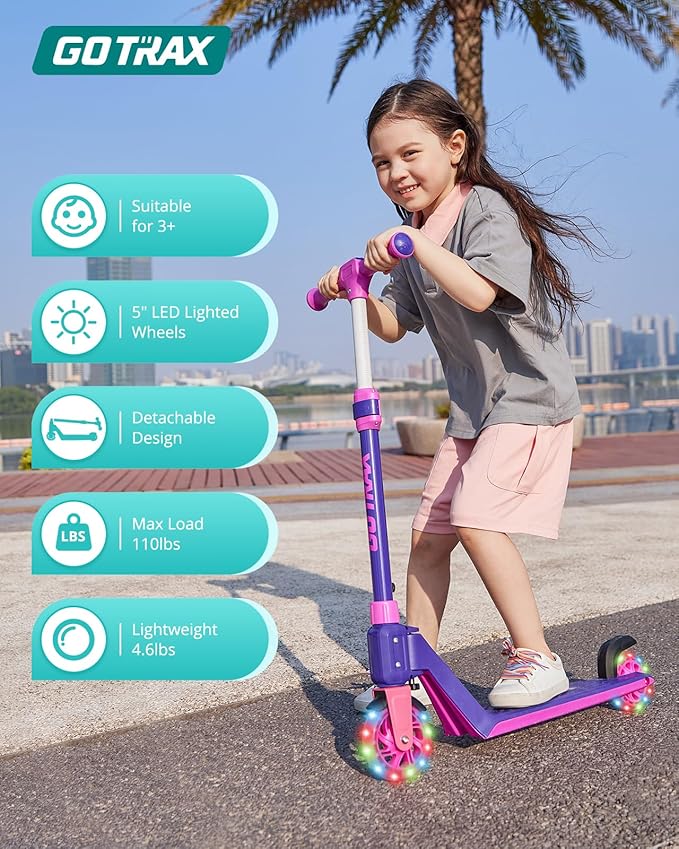 Gotrax K03 Kick Scooter for Kids, 5" LED RGB Lighted Wheels, 4.6 Lbs Lightweight and One-Click Detachable Design, Height Adjustable Handlebars, Anti-Slip Deck and Max Load 110 Lbs for Boy&Girl Age 3+
