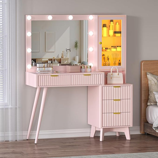 45” Fluted Makeup Vanity Desk with Mirror and Lights, Glass Top Dressing Table with 5 Drawers, LED Lighted Adjustable Cabinet, Trays & Charging Station for Bedroom Dressing Room
