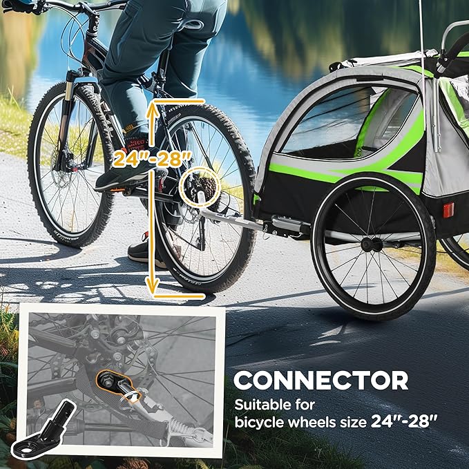 Aosom 3-in-1 Walk/Jog/Ride Child Baby Bike Trailer for Kids 2 Seater, High-Visibility Bike Stroller for Toddler Wagon, Weather-Strong Double Bicycle Trailer Accessory for Kids