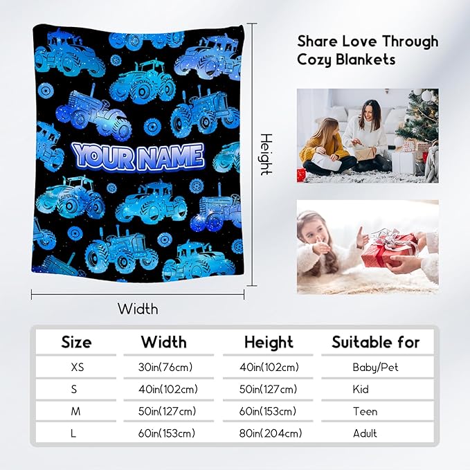 Personalized Kids Tractor Blanket with Name, 5-7 Throw Blanket for Car Lovers, Boys Throw Blanket for Couch Sofa (Blue, 30x40 Inch)