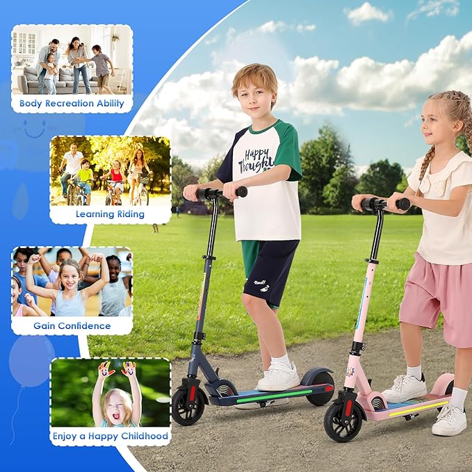 Caroma Electric Scooter for Kids Ages 6-14, 180W/150W Motor & 10 Mph, 85 Mins Ride Time, Adjustable Height & Speed, LED Display & Colorful Lights, Kids Electric Scooter, Best Gifts for Girls and Boy