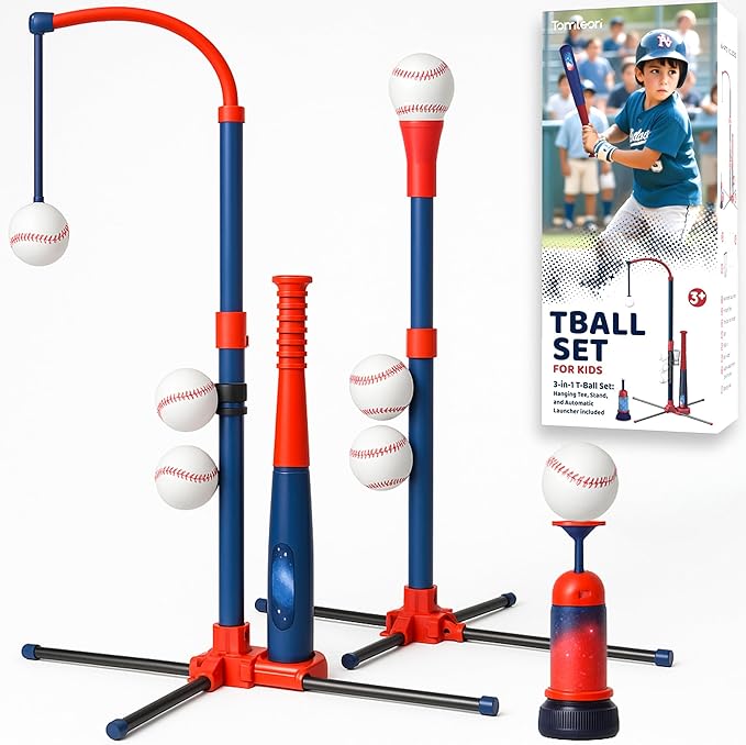 3-in-1 Baseball Set for Kids and Toddlers Ages 3-5 – Includes Tee Ball Stand, Hanging Tee, Automatic Ball Launcher, and 6 Softballs – Adjustable Height for Indoor/Outdoor Play – Sports Gift for Boys