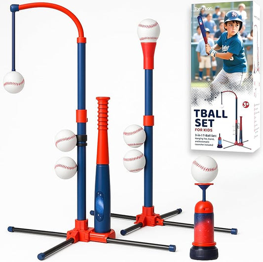 3-in-1 Baseball Set for Kids and Toddlers Ages 3-5 – Includes Tee Ball Stand, Hanging Tee, Automatic Ball Launcher, and 6 Softballs – Adjustable Height for Indoor/Outdoor Play – Sports Gift for Boys