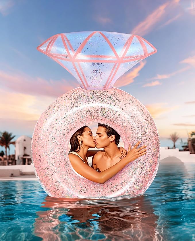 HeySplash Pool Floats, Inflatable Diamond Ring Pool Float, Large Engagement Ring Floatie for Bachelorette Party, Swim Tube River Lake Wedding Bride Stagette Decor Fun Toy Raft Adults, Rose Gold