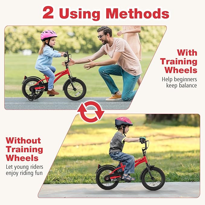 BABY JOY Kids Bike, 12 14 16 18 Inches Sporty Bicycle with Training Wheels, Adjustable Seat, Handbrake & Coaster Brake, Reflectors, Girls Boys Bike for 3-8 Years Old Children