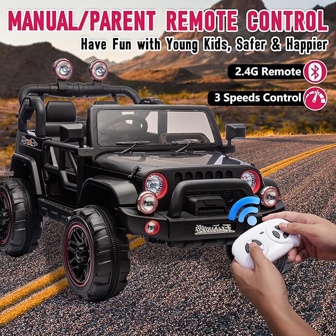 24V XL Kids Electric Ride on Truck Car 2 Seater Remote Control for Toddlers 2-8, 160W 2 Motors 5MPH Max Speed, Bluetooth USB Music Player, LED Lights Safety Belt, Gift for Boys Girls, Black