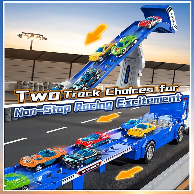 Transport Truck Toys for 3 4 5 6 7 Years Old Boys,Toys Cars Track Set Transporter Trucks with 12 Die-Cast Car Toys 2 Race catapults Dual-Track Model,Toddler Car Toy Set for Kids Boys Girls