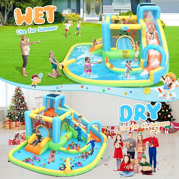 AKEYDIY Kids Bounce House with Long Slide,Ball Pit,Climbing Wall, Large Water Park W/GFCI Blower,Adventure Slide Park Inflatable Water Park for Kids Indoor Backyard