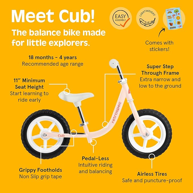 Retrospec Cub Toddler Balance Bike for Ages 18 Months - 3 Years - 12in No-Pedal Beginner Bicycle with Adjustable Seat, Puncture-Proof Tires & Safe Low Frame Design