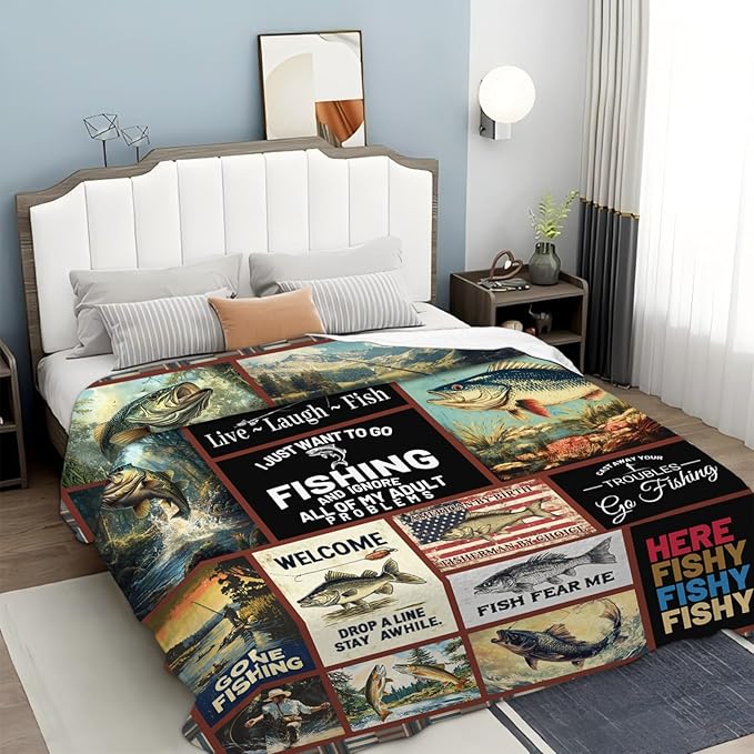 Fishing Gifts for Men, Fishing Fish Flannel Throw Blanket, Cozy Fleece Soft Stuff Blankets Gift for Dad Fisherman Couch Sofa Bed 80" x 60"